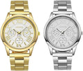 Women Girls Wholesale 2 Pack Watch Set Roman Numerals Dial with 3 Decorated Small Sub-dials Men Business Stainless Steel Quartz Analog Wrist Watches