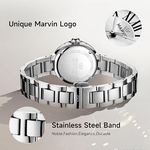 marvin Watches for Women Swiss Women's Watch with Stainless Steel Strap,28MM Sapphire Glass Dial,Quartz Movement,50M Waterproof